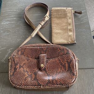 G.I.L.I Women’s Snake Print Leather Gold Rose Crossbody Bag Purse and Wallet Set